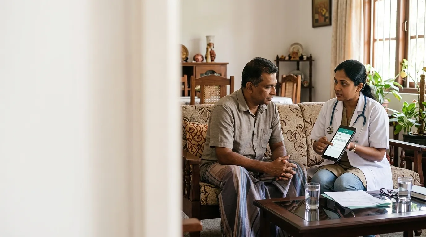 A doctor on a sofa showing a man his results on a tablet