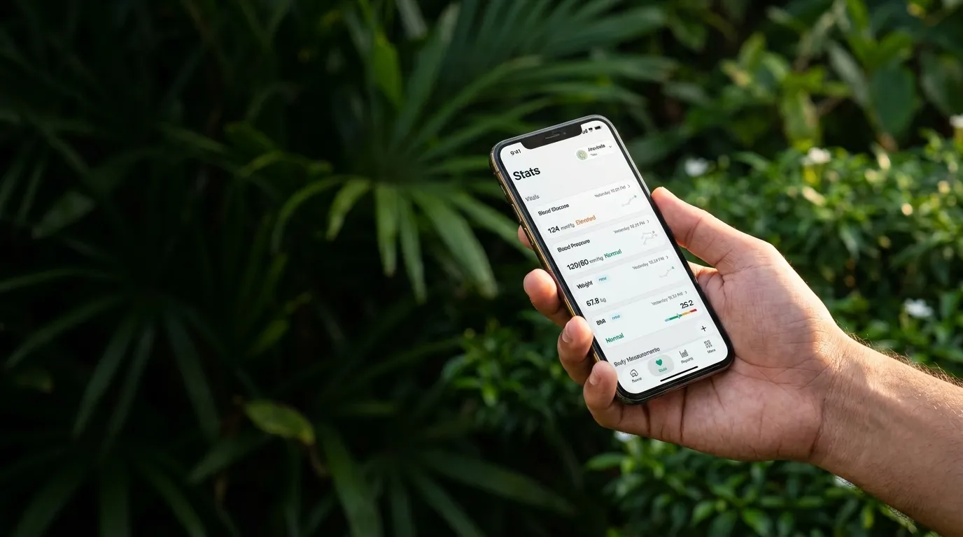 A hand holding a phone showing the Ayubo stats screen, against dark foliage